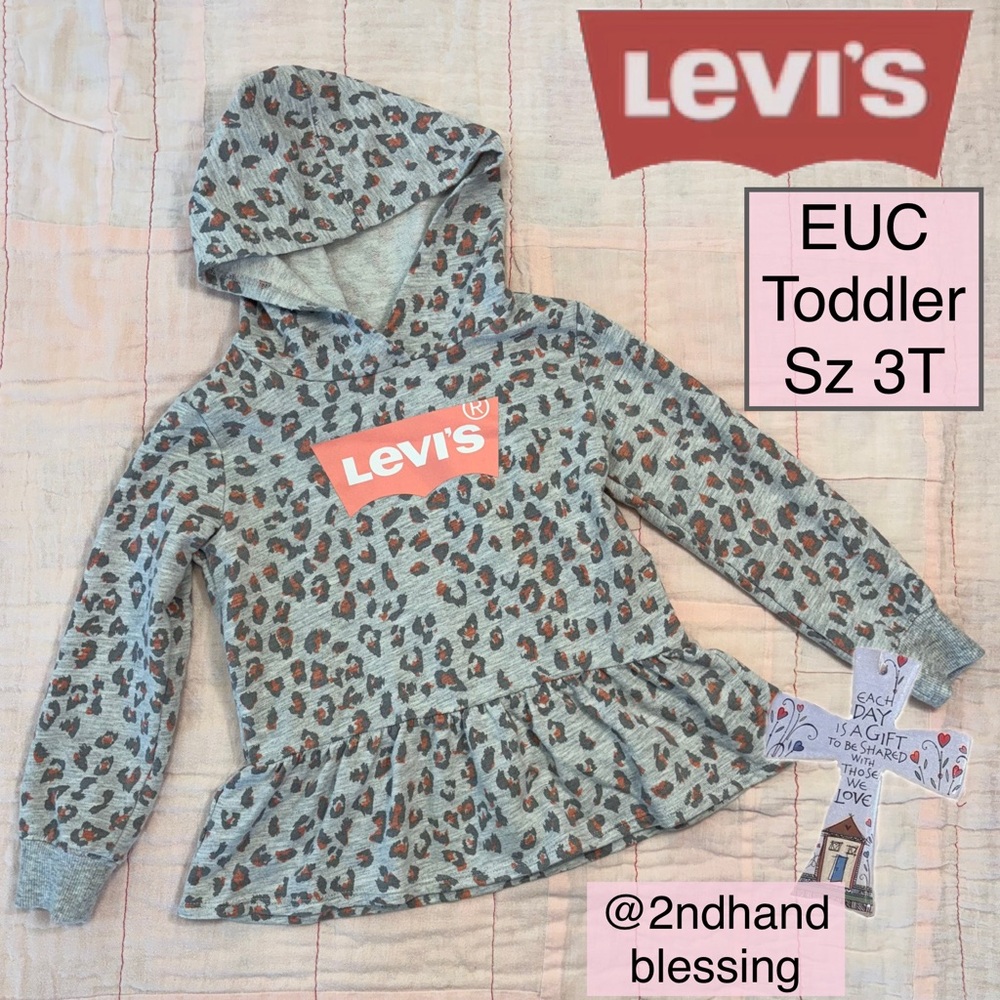 EUC Levi's Gray Leopard Print Toddler Hoodie with Ruffle, Sz 3T, Front Logo